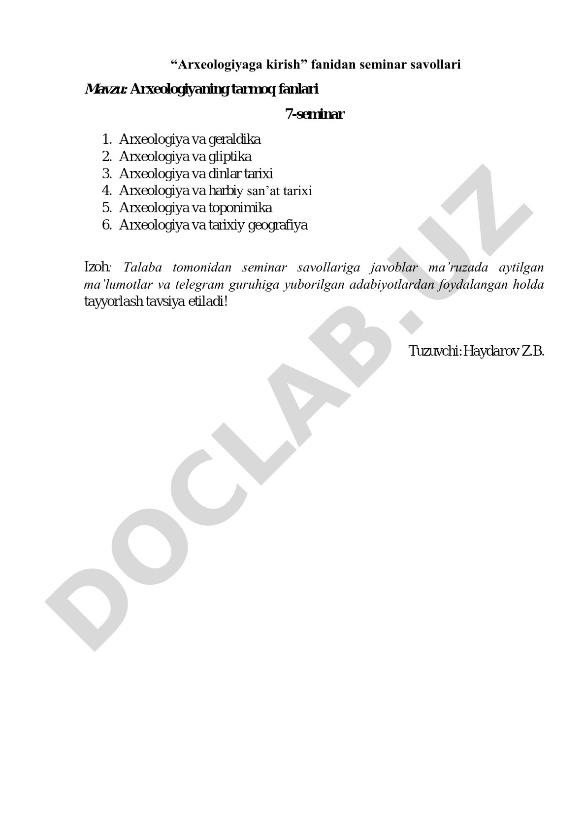 Seminar savollari: arxeologiya va geraldika, gliptika, dinlar tarixi, harbiy san'at