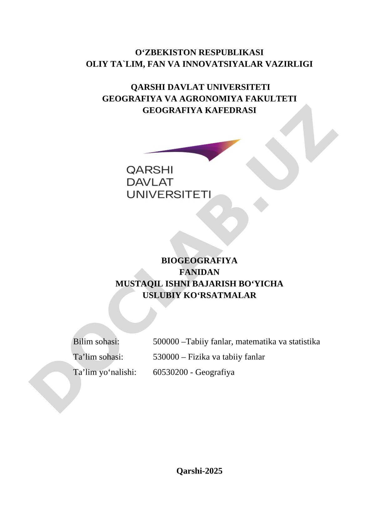 Biogeografiya fanidan mustaqil ishni bajarish bo'yicha uslubiy ko'rsatmalar