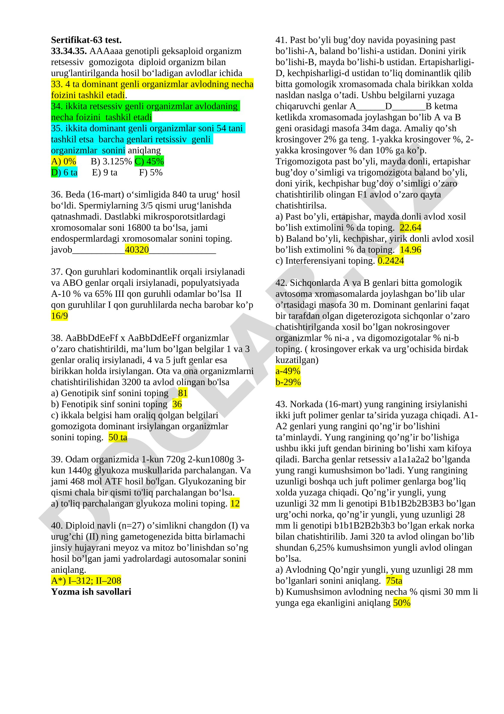 Genetika bo'yicha test savollari