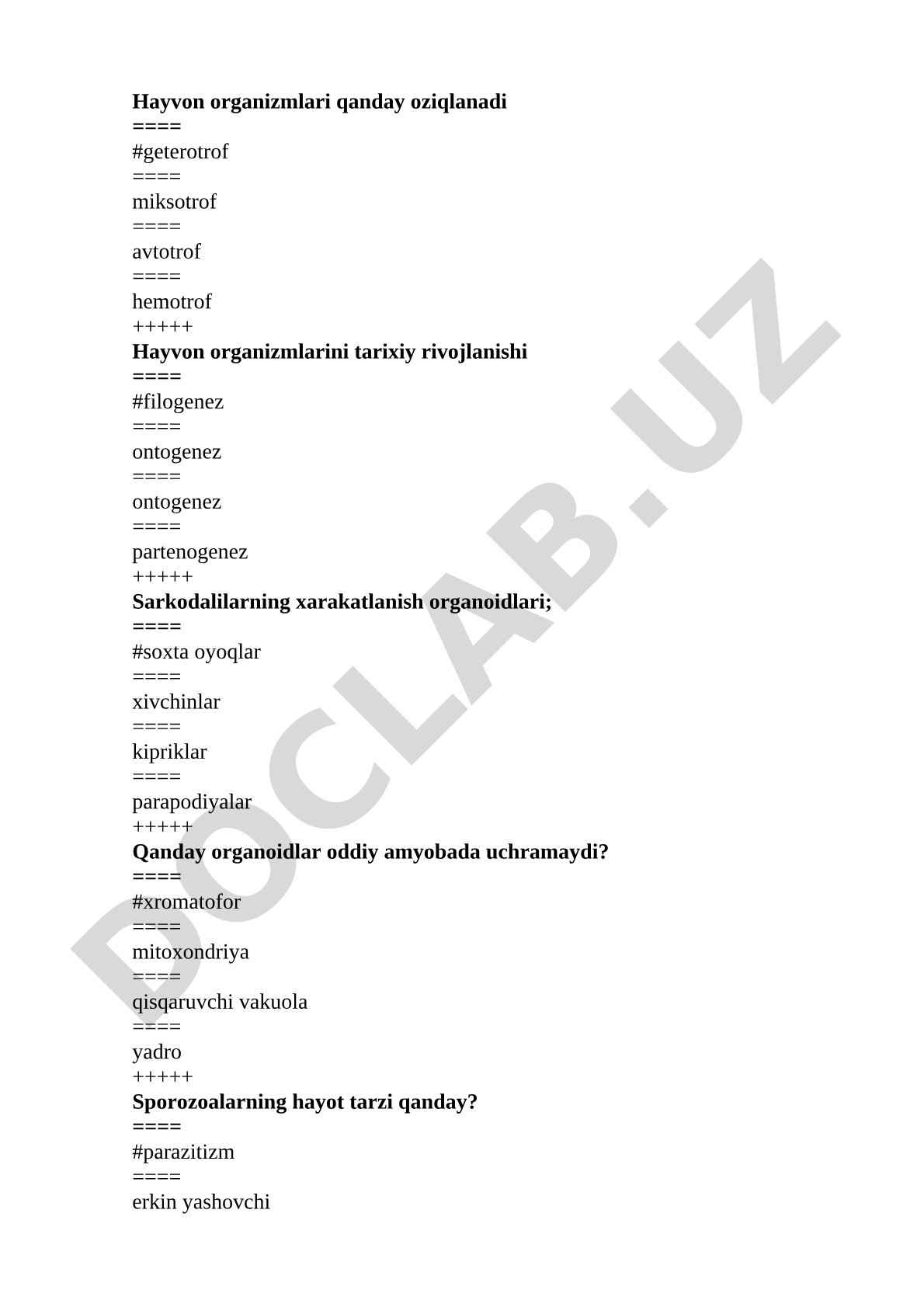 Hayvon organizmlari va sodda hayvonlar haqida savollar