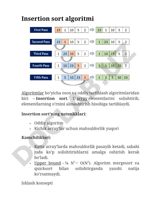 Insertion sort algoritmi va uning xususiyatlari