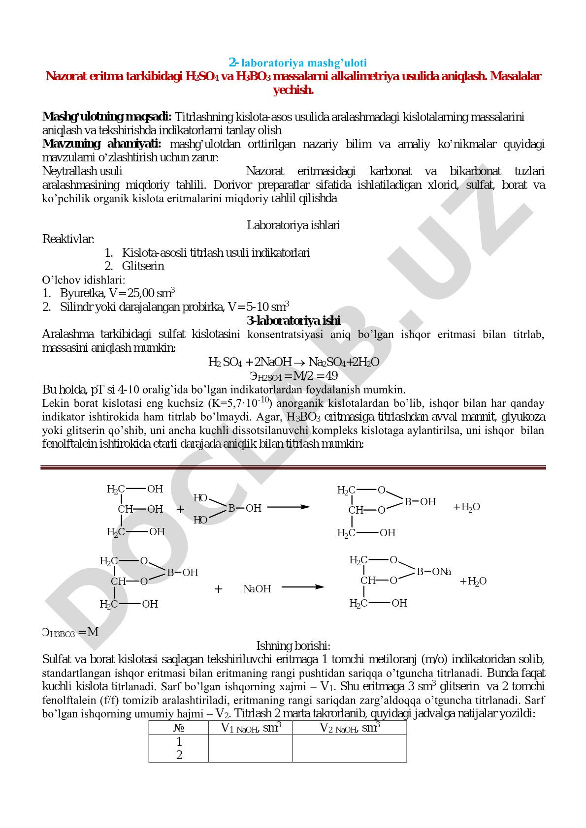 Nazorat eritma tarkibidagi H2SO4 va H3BO3 massalarni alkalimetriya usulida aniqlash