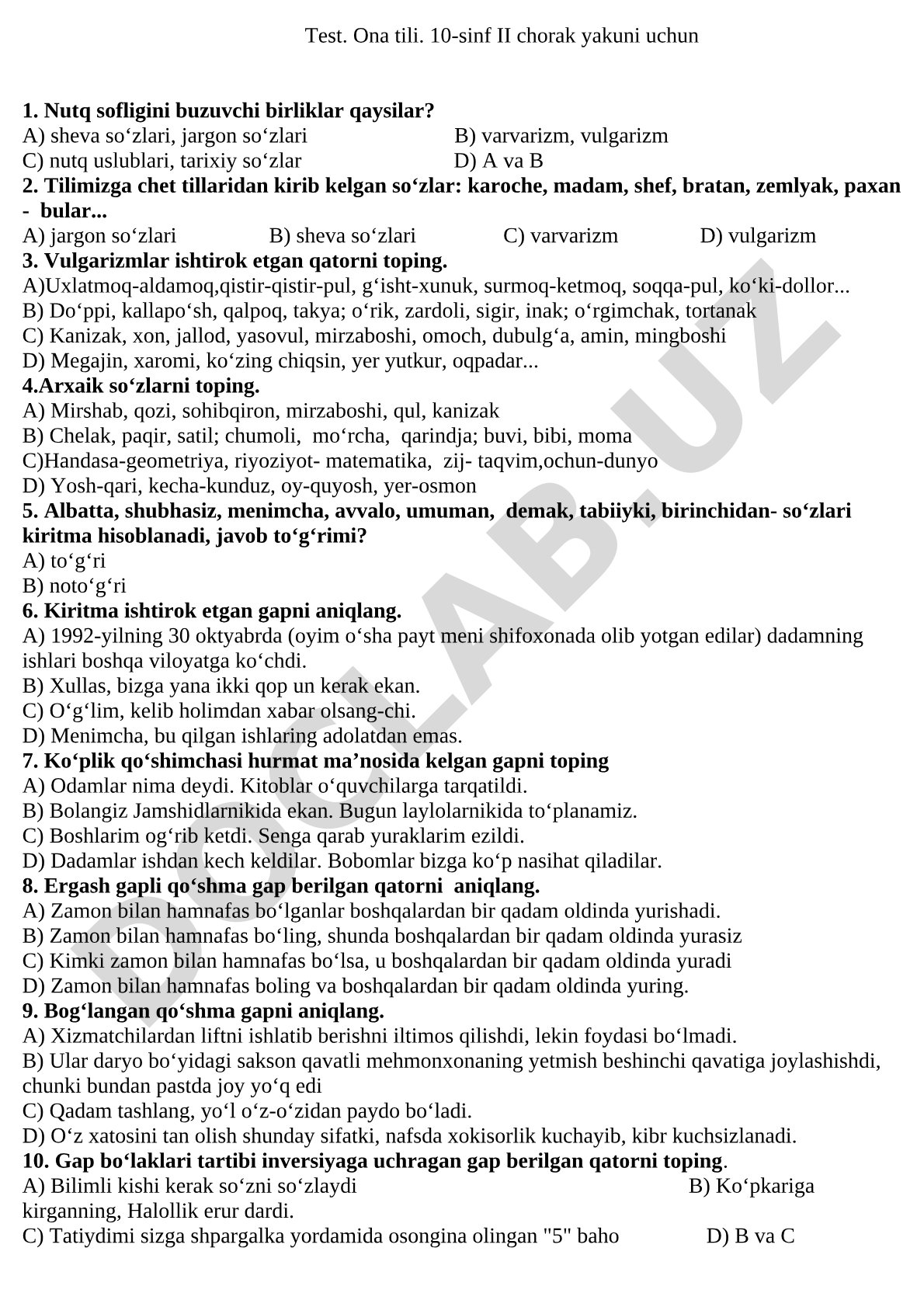 Ona tili 10-sinf II chorak yakuni uchun test savollari