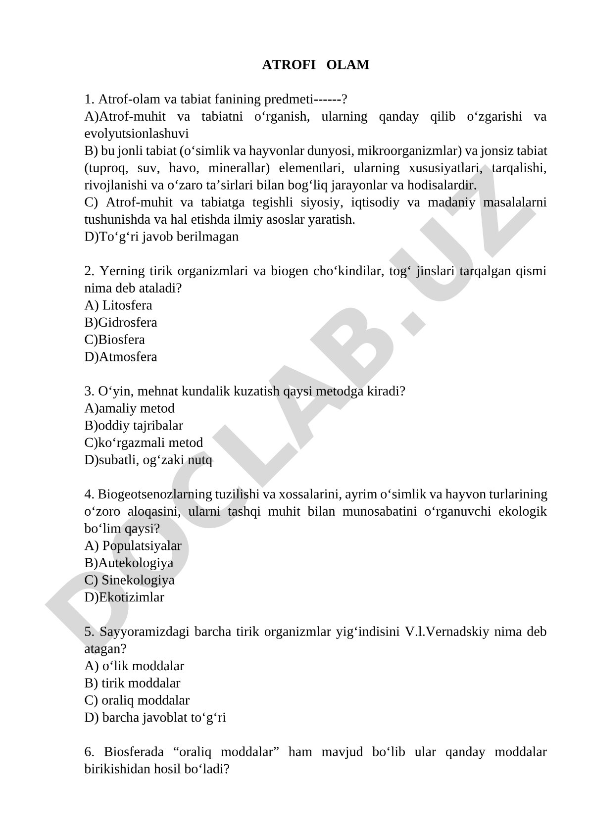 Atrof-olam va tabiat fani test savollari