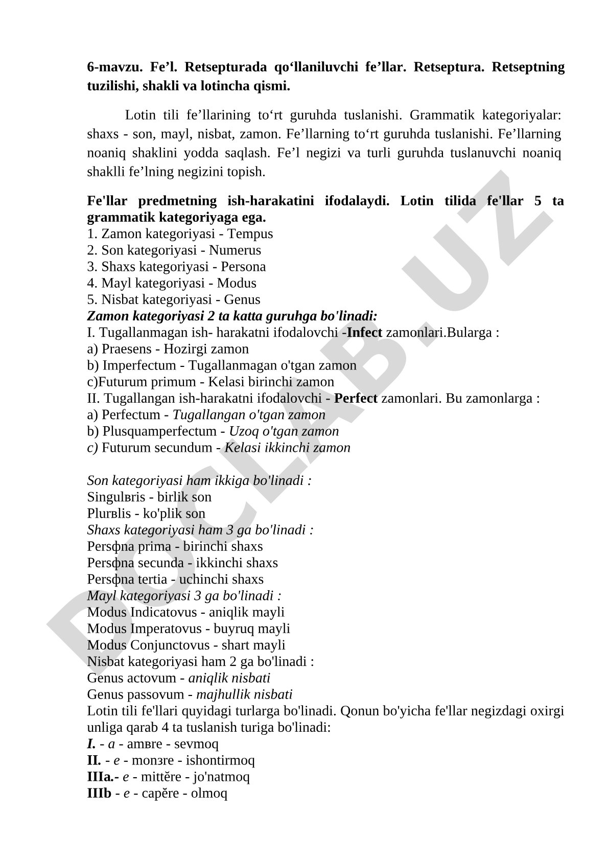 Lotin tili fe’llari va retseptura tuzilishi