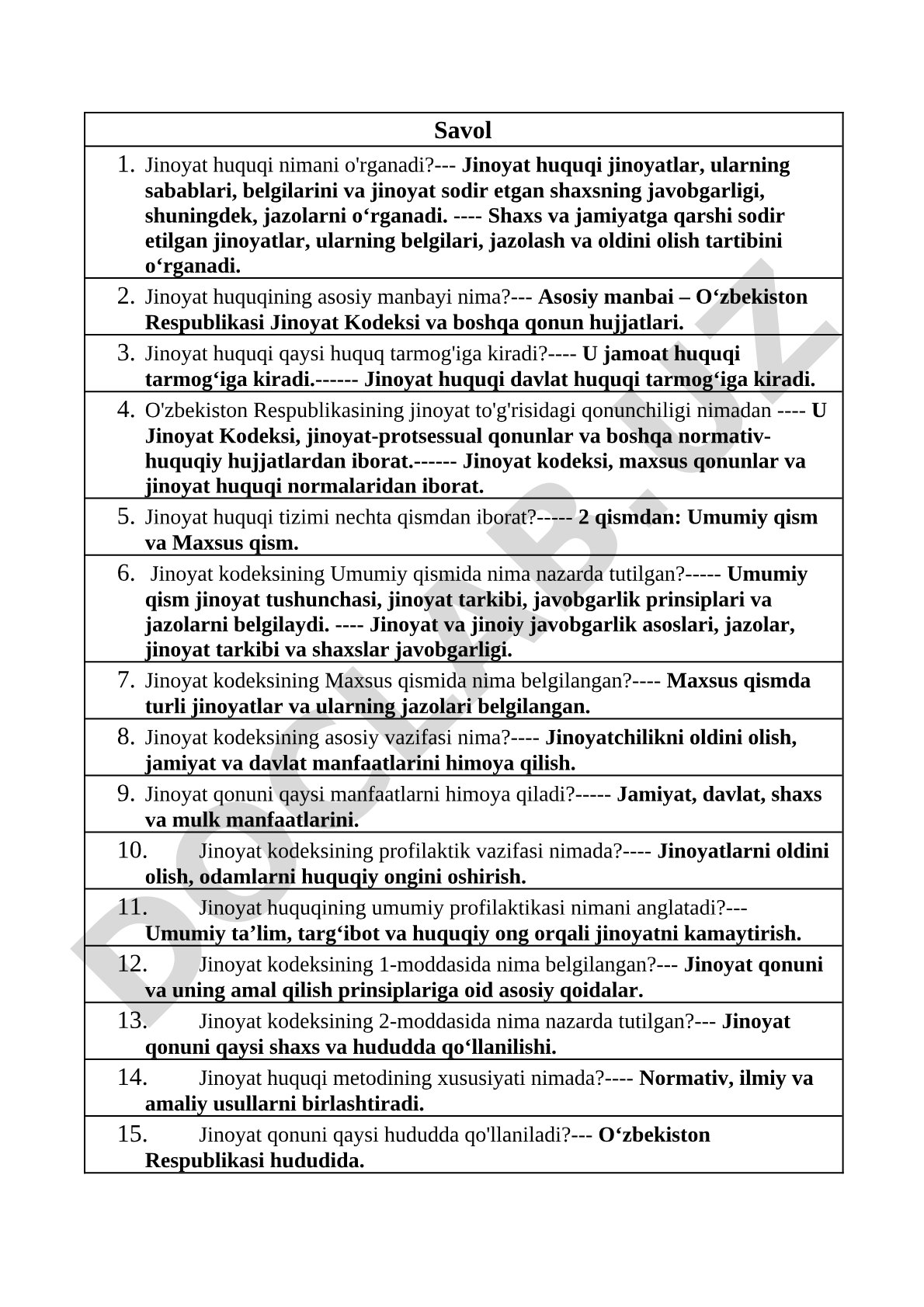 Jinoyat huquqi asoslari bo'yicha savol-javoblar