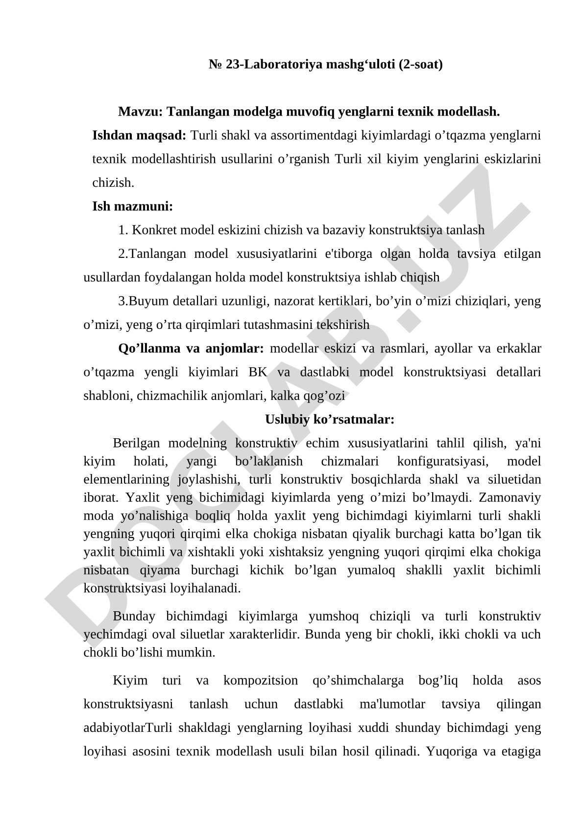 Tanlangan modelga muvofiq yenglarni texnik modellash