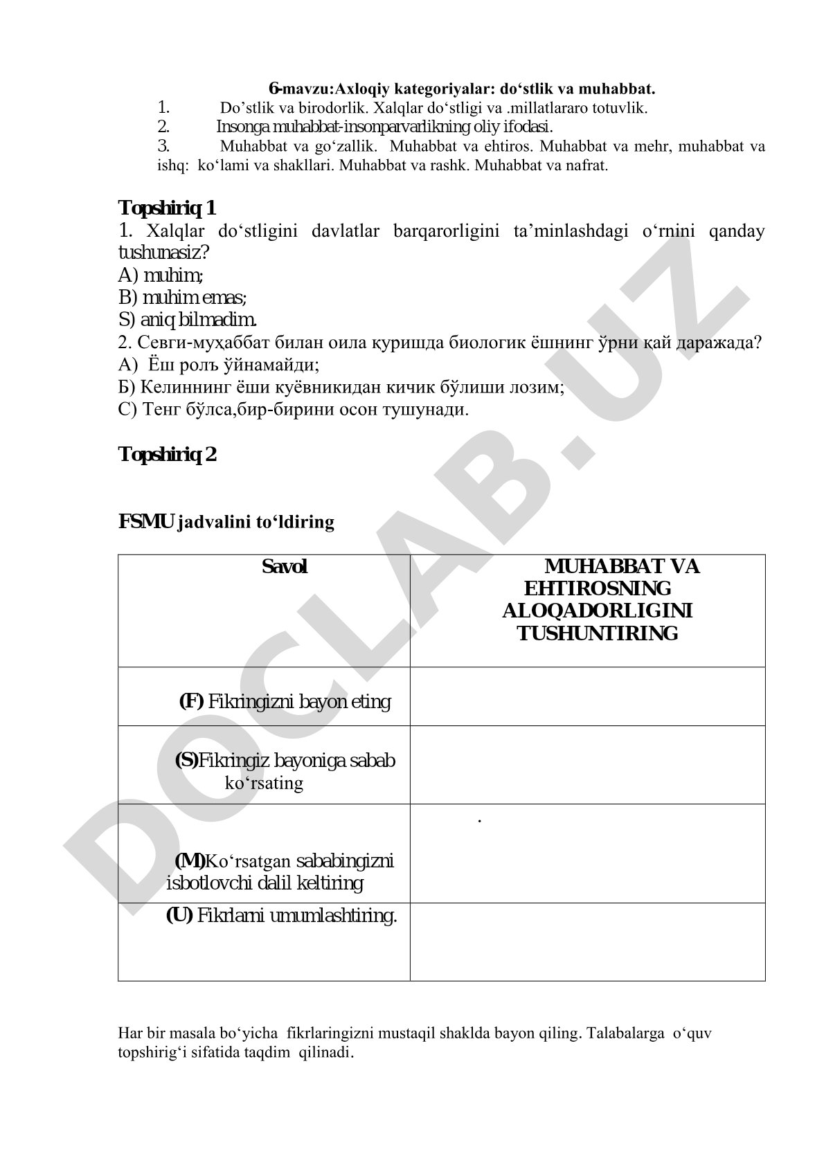 Axloqiy kategoriyalar: do'stlik va muhabbat
