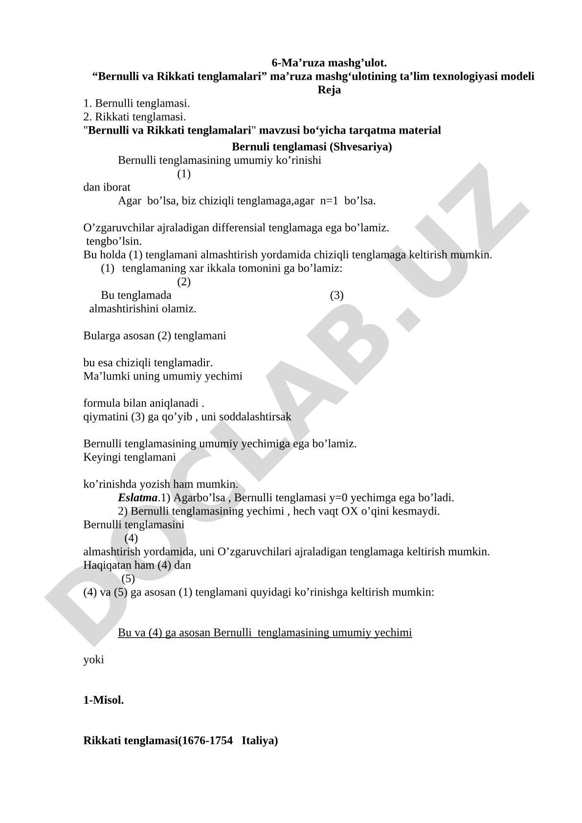 Bernulli va Rikkati tenglamalari
