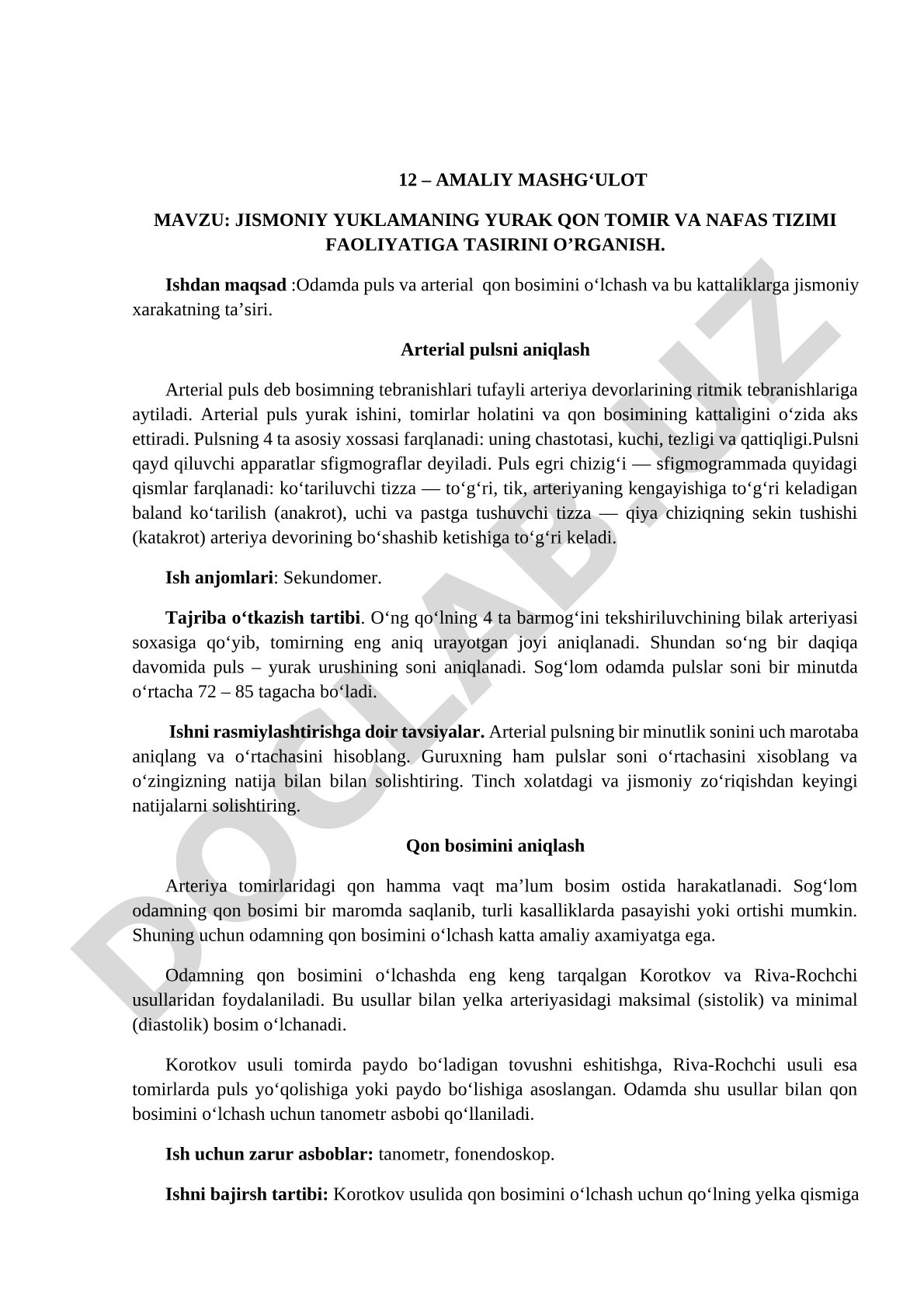 Jismoniy yuklamaning yurak qon tomir va nafas tizimi faoliyatiga ta'sirini o'rganish