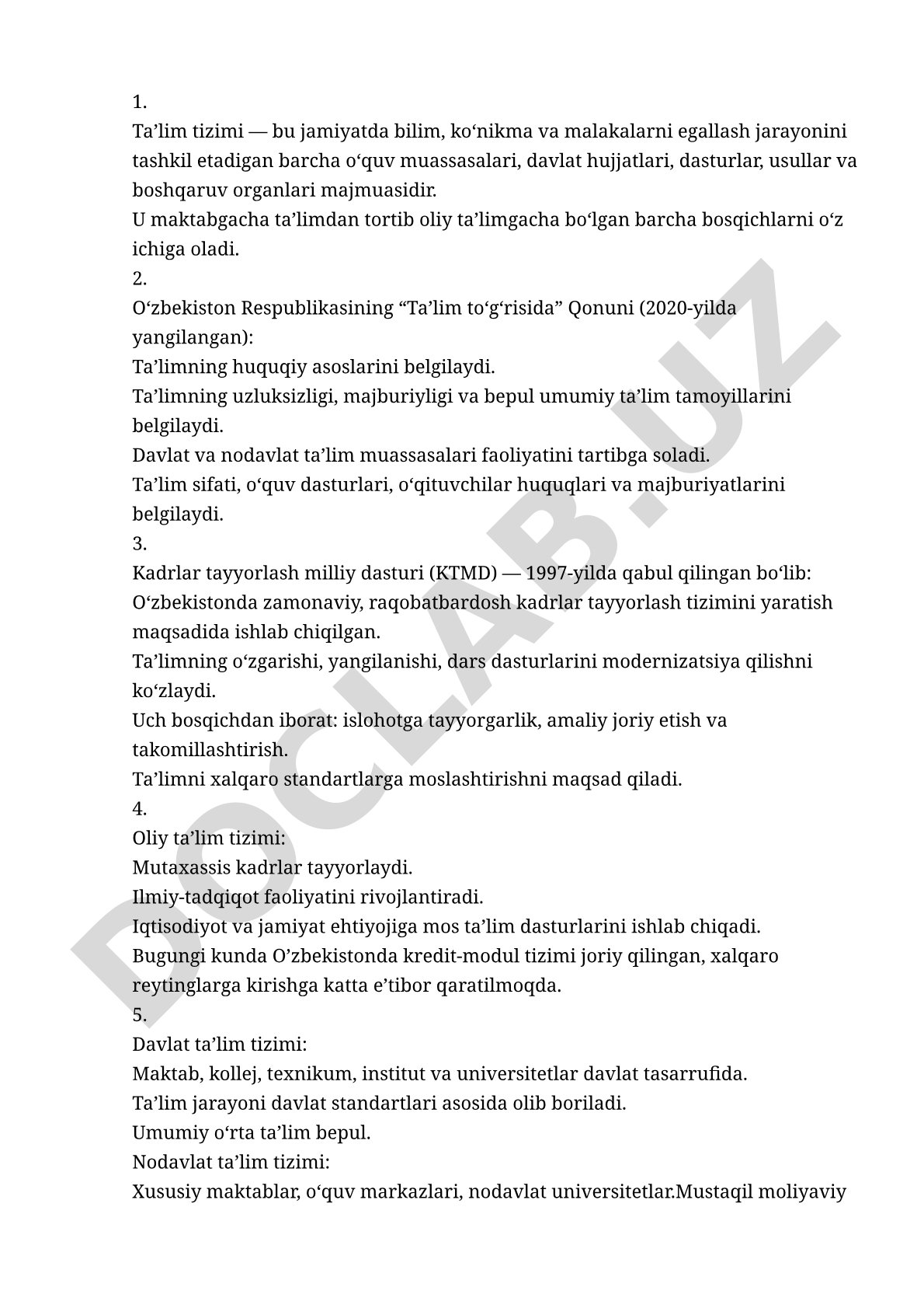 O‘zbekiston ta’lim tizimi va qonunchilik asoslari