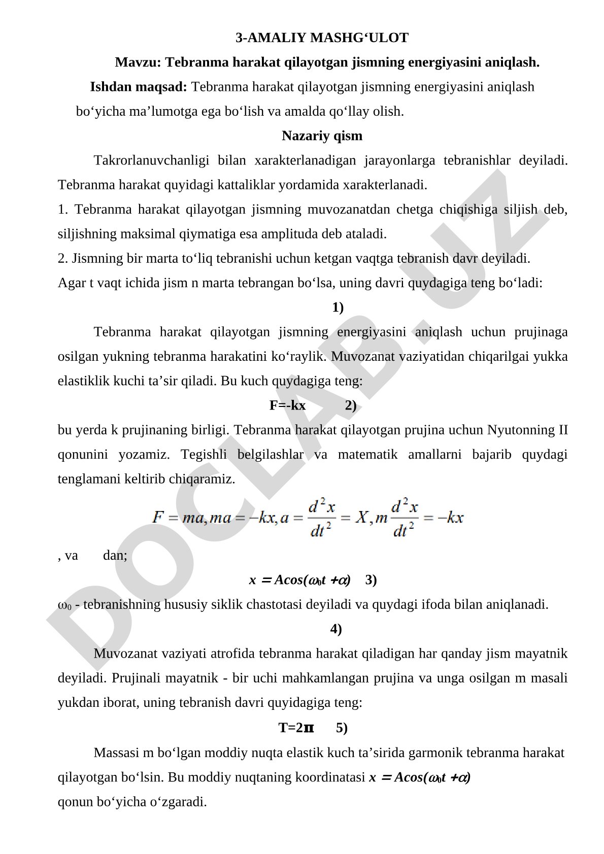 Tebranma harakat qilayotgan jismning energiyasini aniqlash