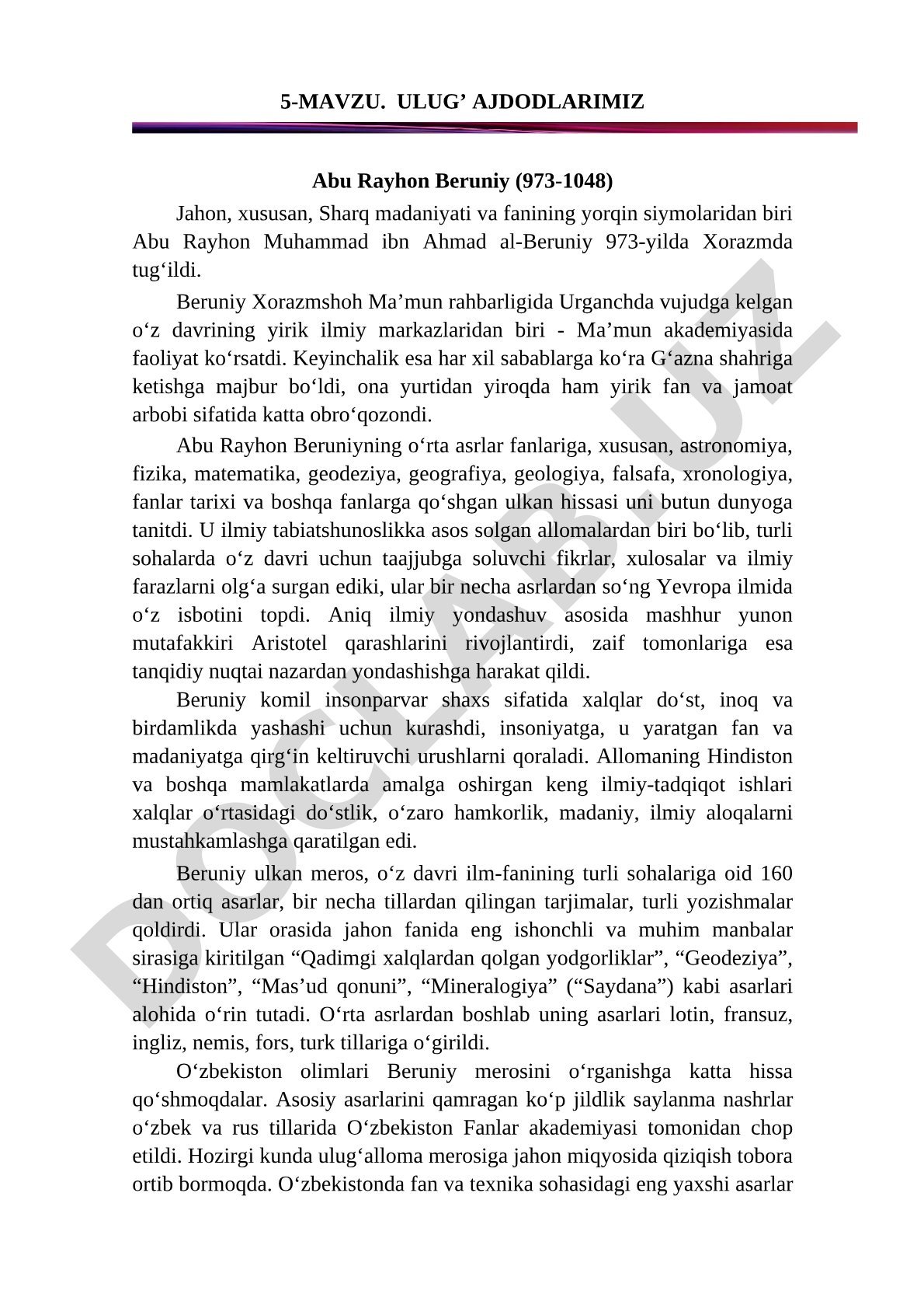 Ulug' ajdodlarimiz Abu Rayhon Beruniy (973-1048)