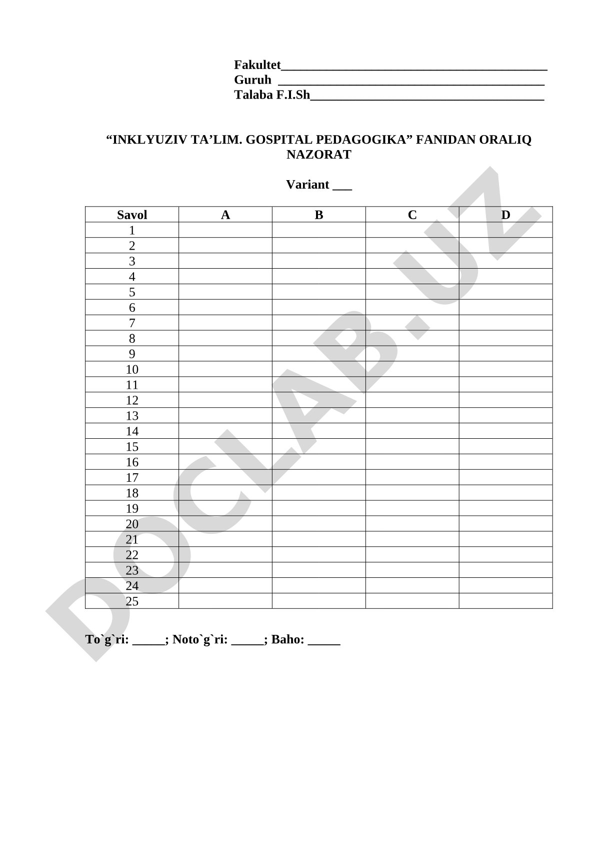 Inklyuziv ta'lim. Hospital pedagogika fanidan oraliq nazorat
