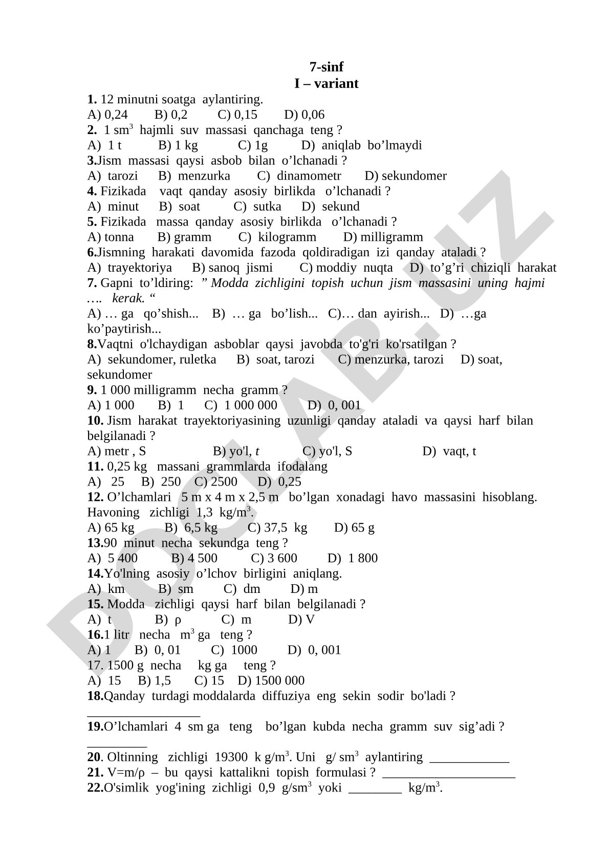 7-sinf fizika testi: vaqt, massa, zichlik, harakat va o'lchov birliklariga oid savollar