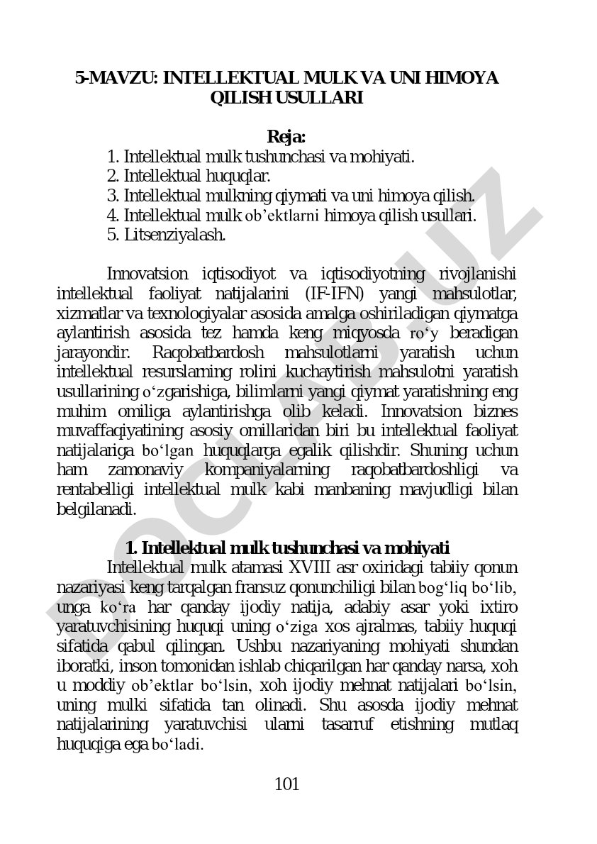 Intellektual mulk va uni himoya qilish usullari