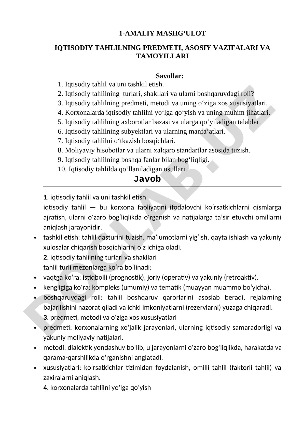 Iqtisodiy tahlilning predmeti, asosiy vazifalari va tamoyillari