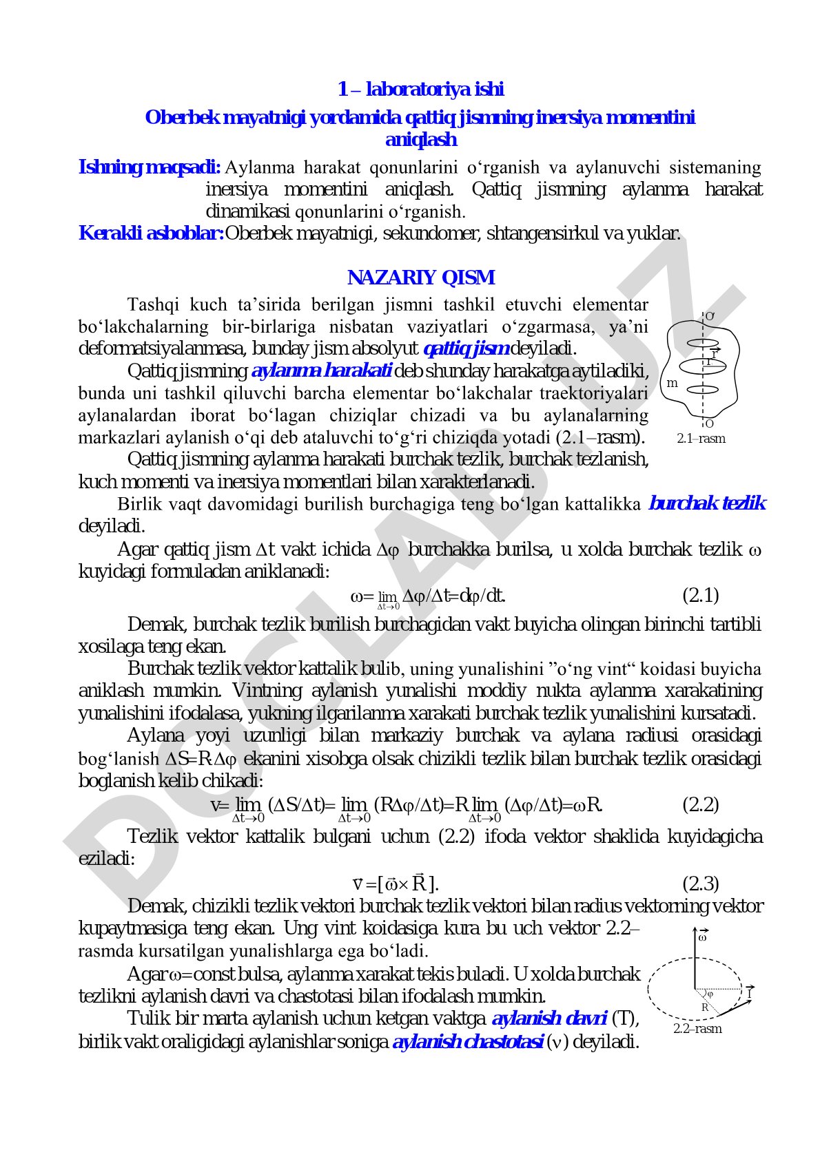 Oberbek mayatnigi yordamida qattiq jismning inersiya momentini aniqlash