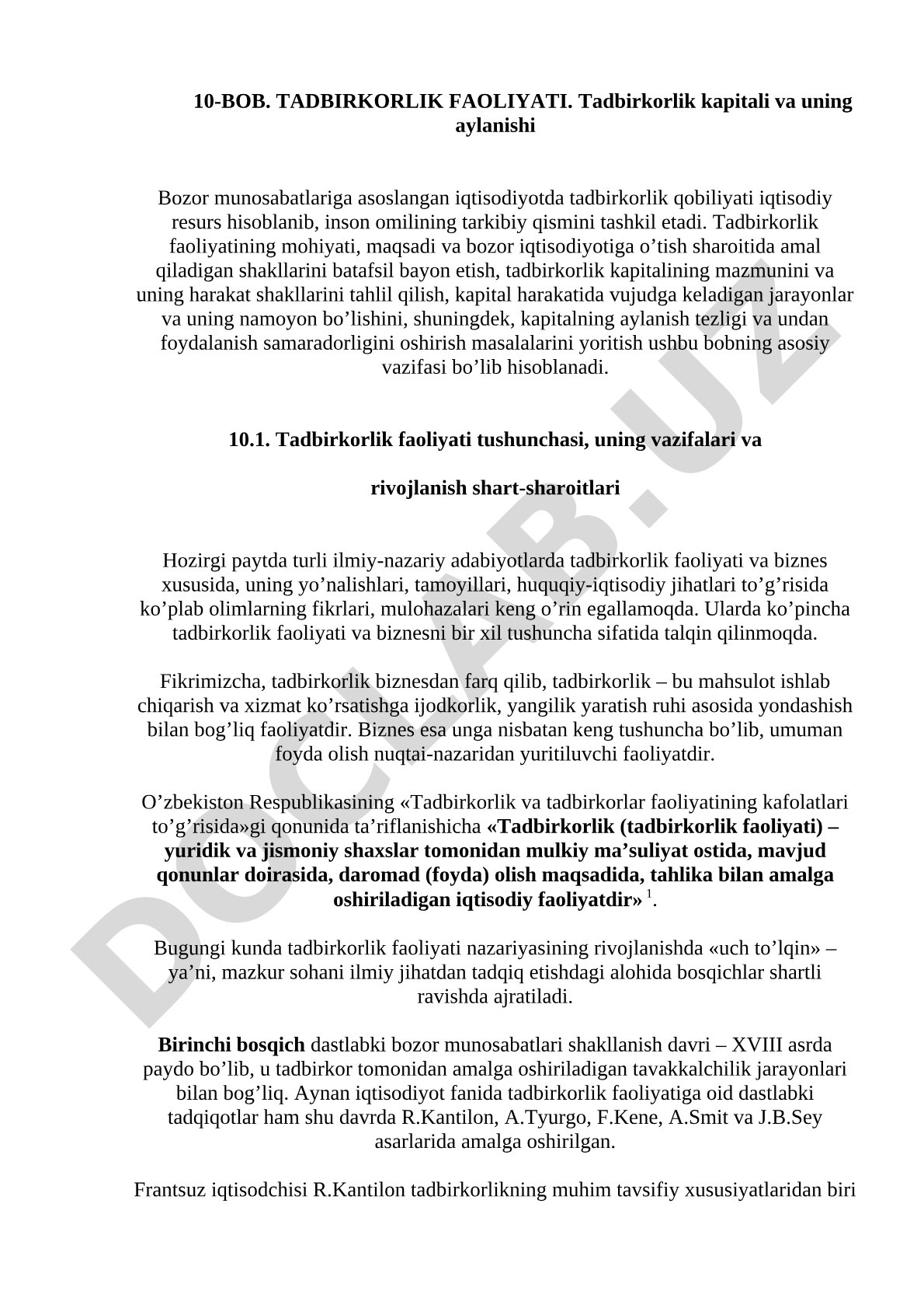 10-BOB. TADBIRKORLIK FAOLIYATI. Tadbirkorlik kapitali va uning aylanishi