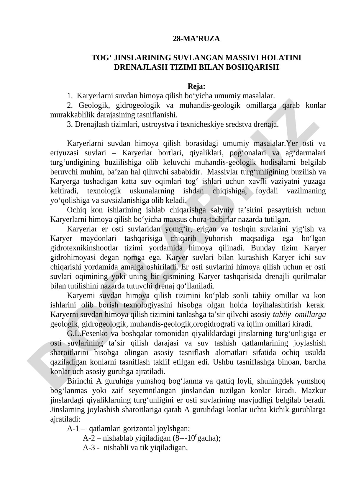 28-Ma’ruza tog‘ jinslarining suvlangan massivi holatini drenajlash tizimi bilan boshqarish