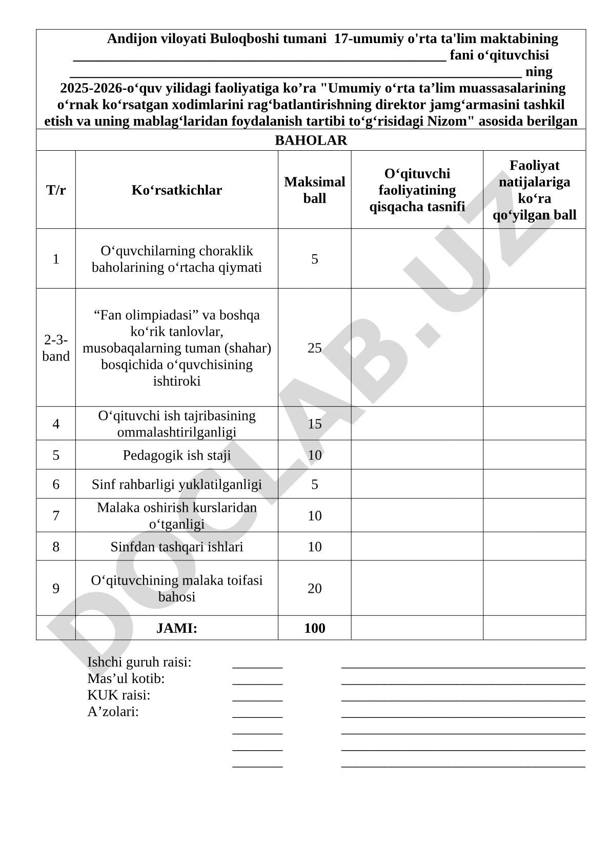 O'qituvchi faoliyatini baholash mezoni