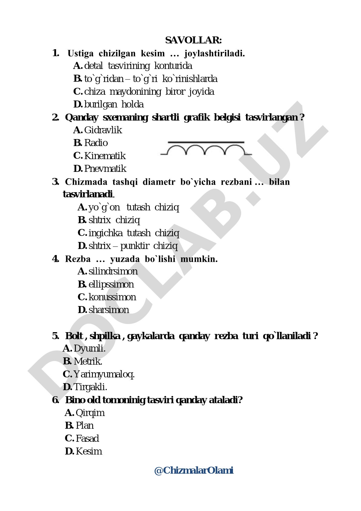 Chizma geometriya va chizmachilik bo'yicha test savollari
