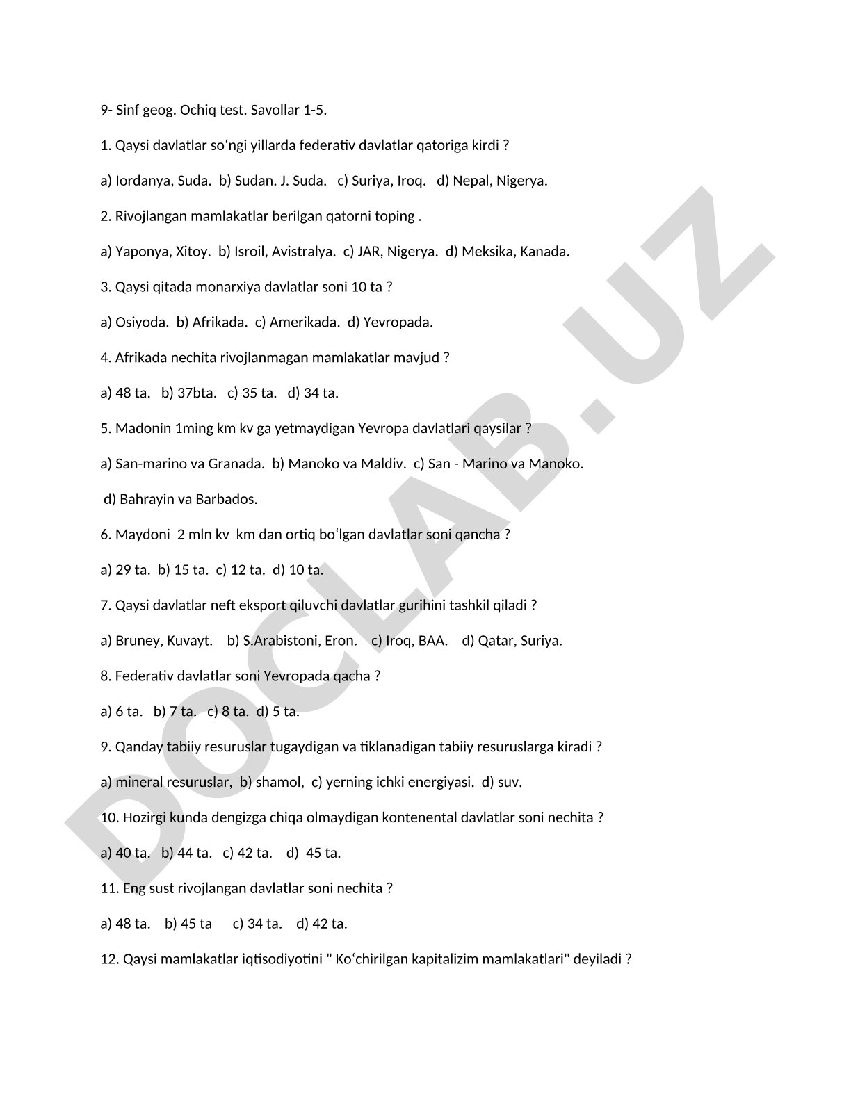 9-sinf geografiya ochiq test savollari