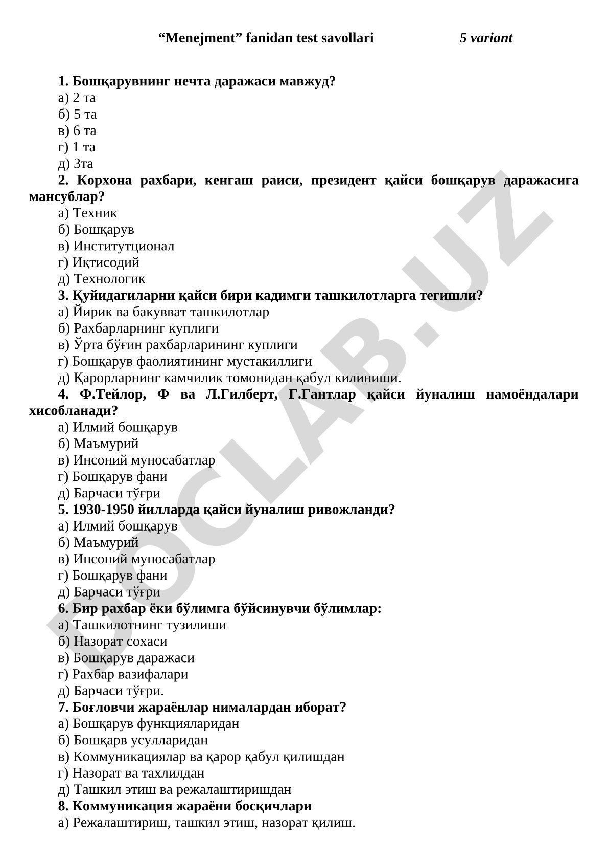Menejment fanidan test savollari 5 variant