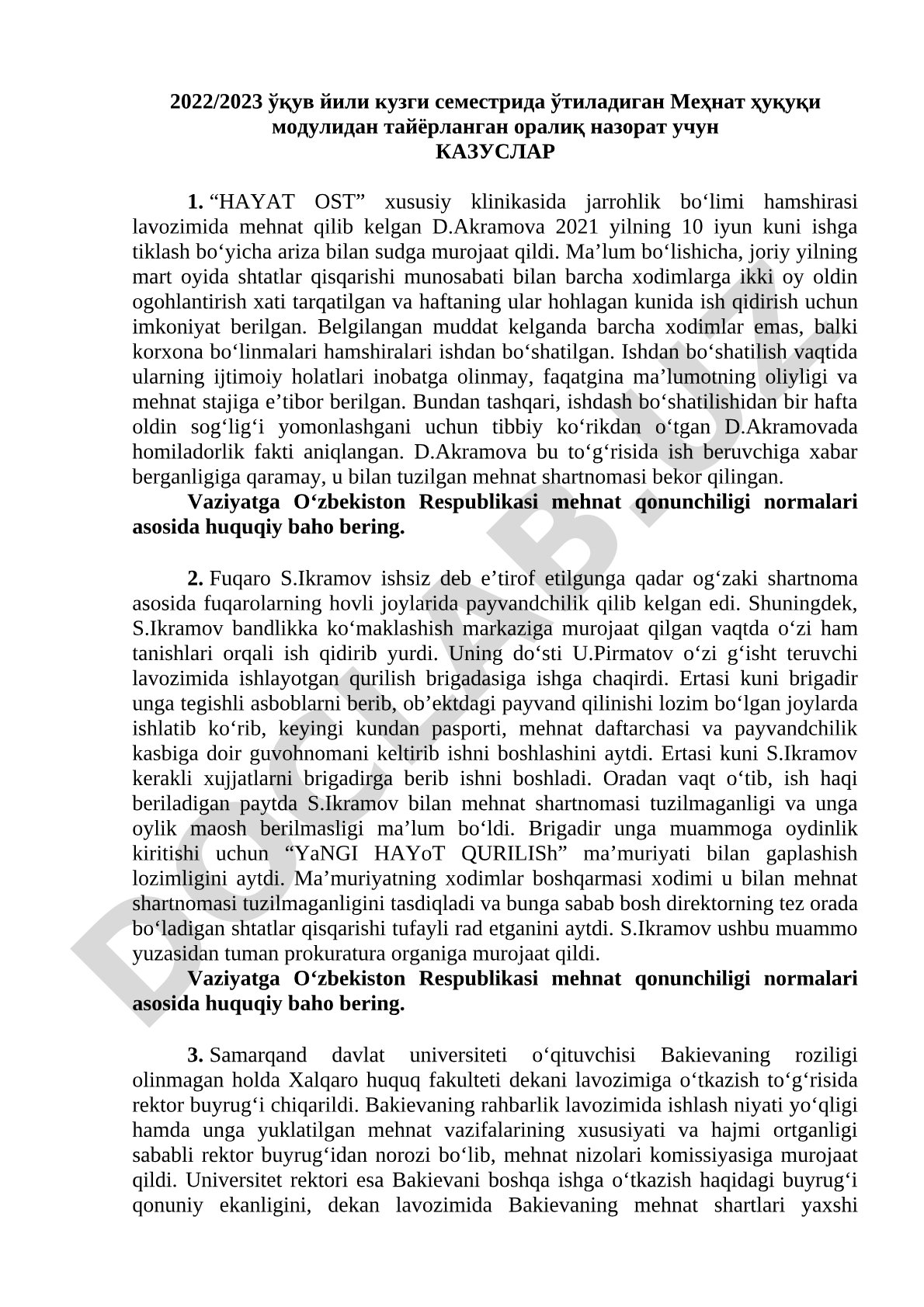 Mehnat huquqi bo'yicha kazuslar to'plami