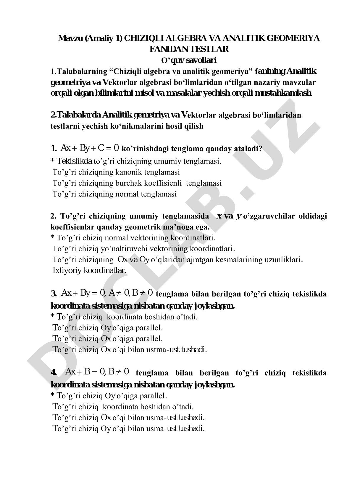 Chiziqli algebra va analitik geometriya fanidan testlar