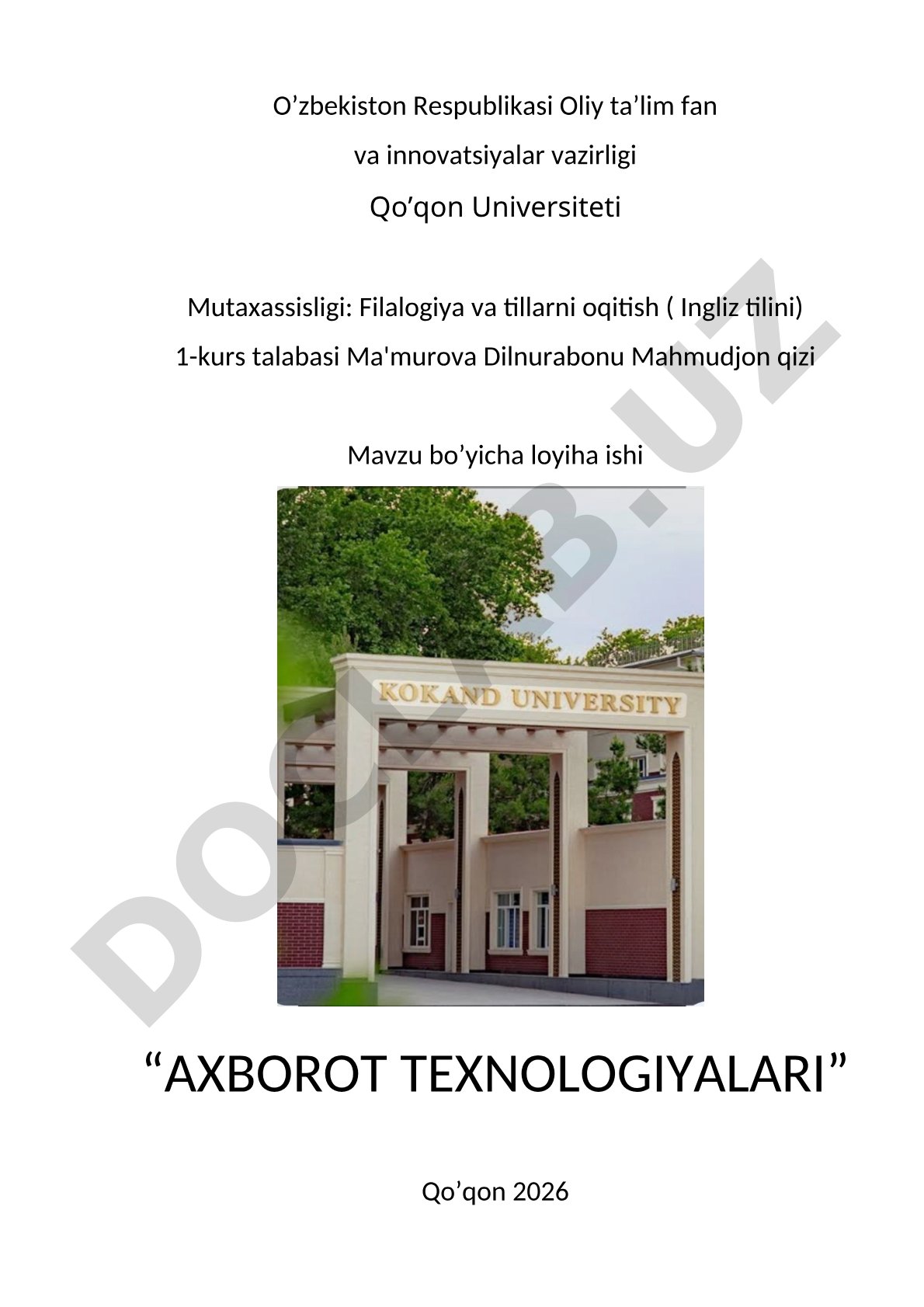 Axborot texnologiyalari mavzusidagi loyiha ishi va o'qishni qayta tiklash uchun ariza