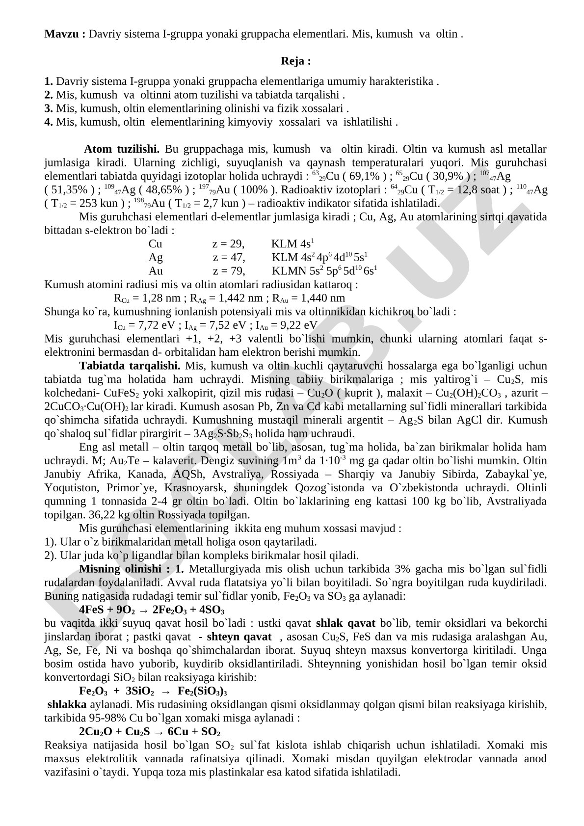 Davriy sistema I-gruppa yonaki gruppacha elementlari. Mis, kumush va oltin