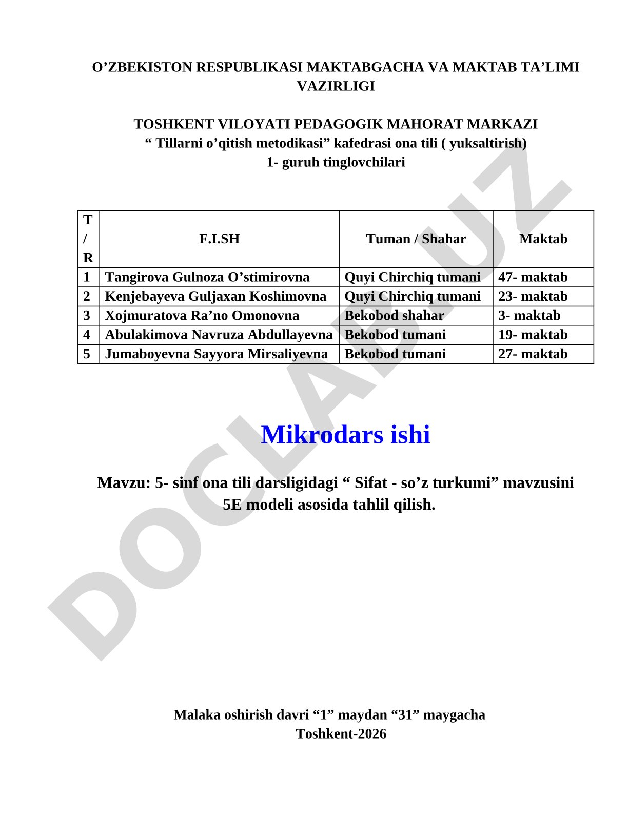 5-sinf ona tili darsligidagi Sifat - so'z turkumi mavzusini 5E modeli asosida tahlil qilish