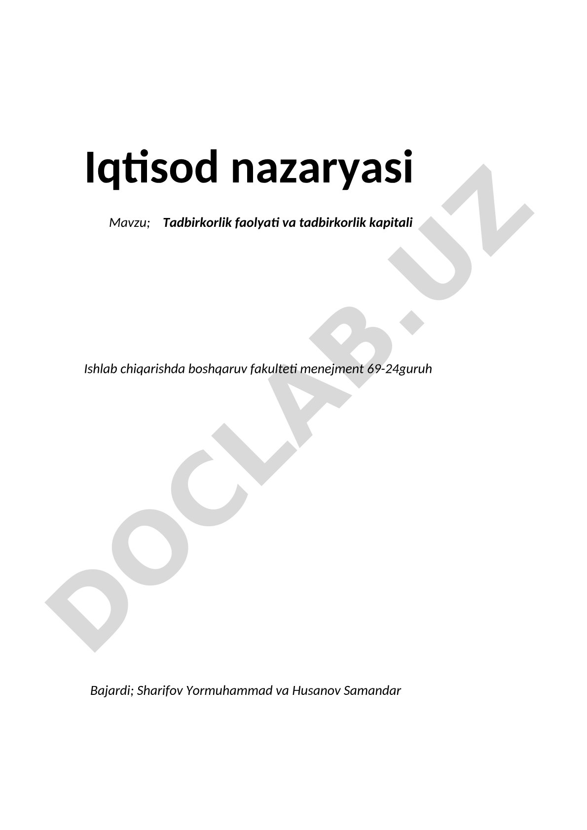 Tadbirkorlik faolyati va tadbirkorlik kapitali