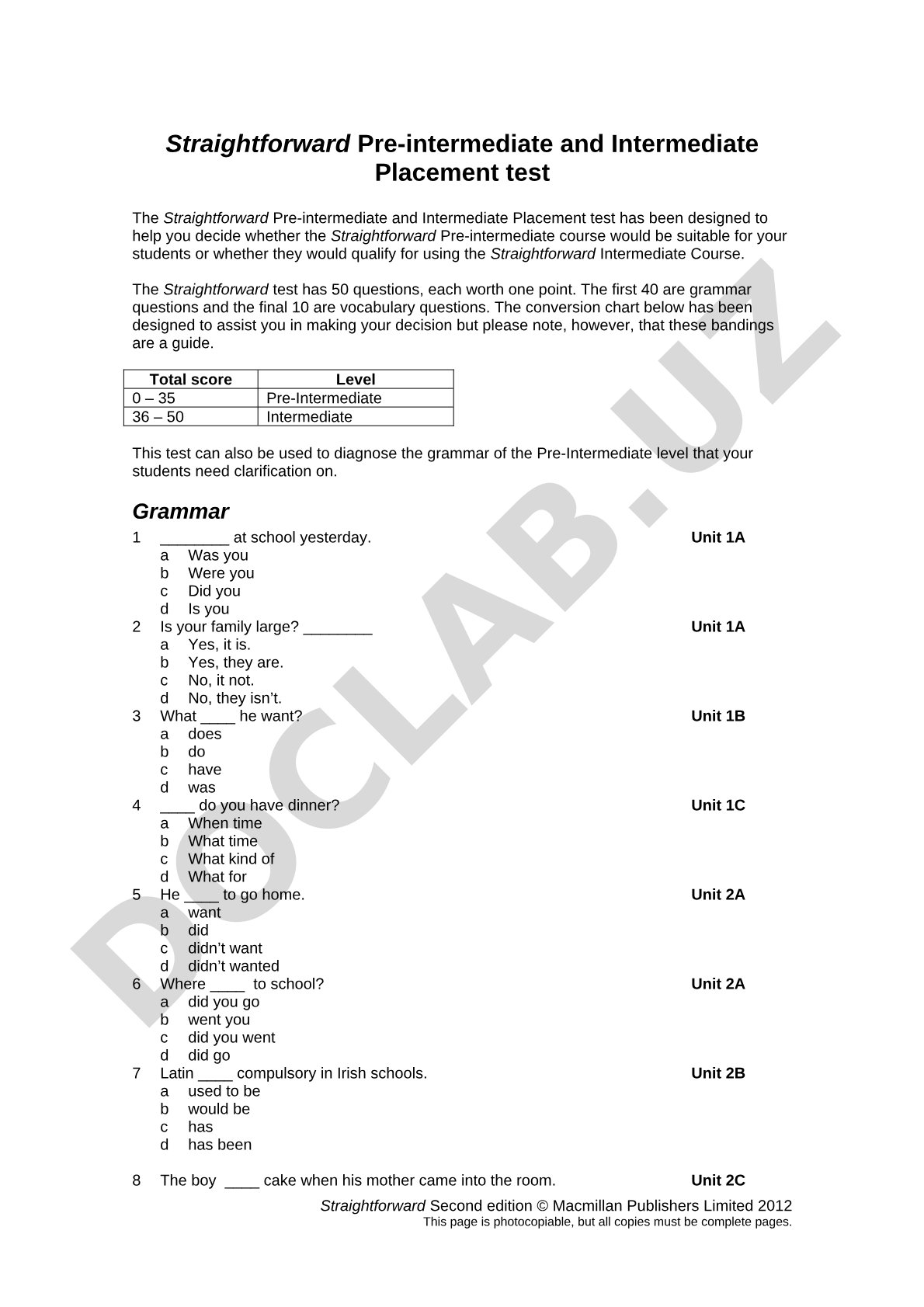 Straightforward Pre-intermediate and Intermediate Placement test