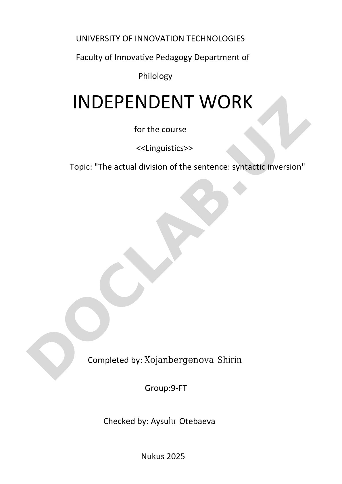 The actual division of the sentence: syntactic inversion