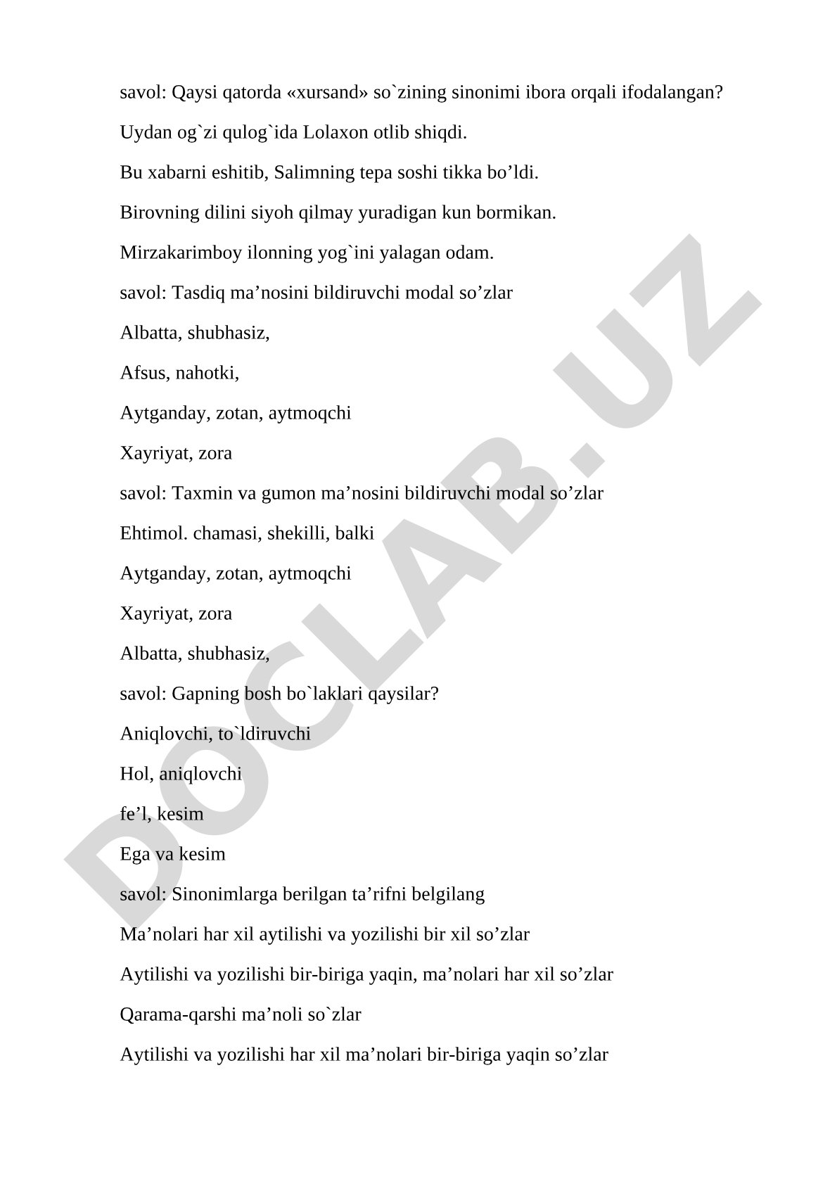 O‘zbek tili leksikologiyasi va grammatikasidan savollar