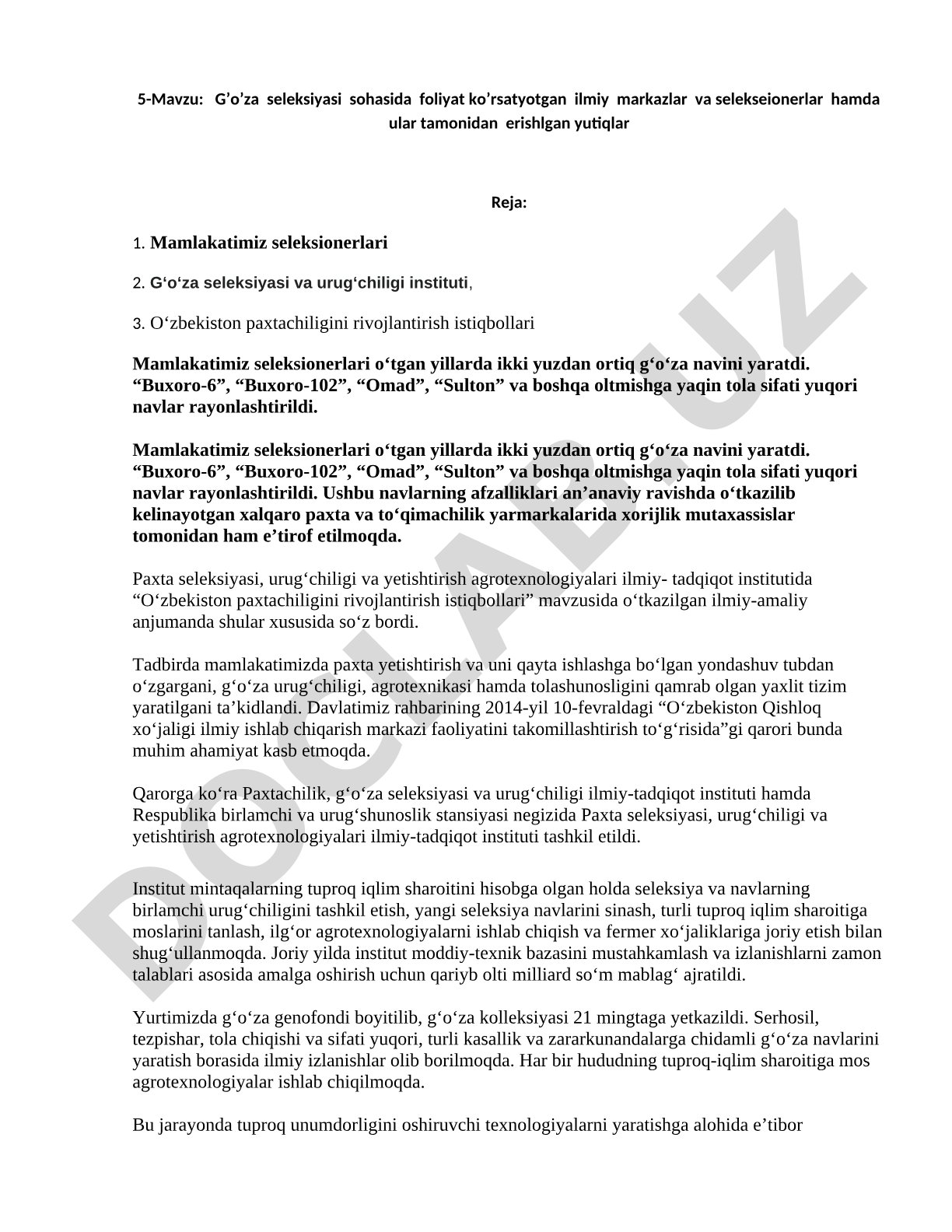 G'o'za seleksiyasi sohasida faoliyat ko'rsatayotgan ilmiy markazlar va seleksionerlar hamda ular tomonidan erishilgan yutuqlar