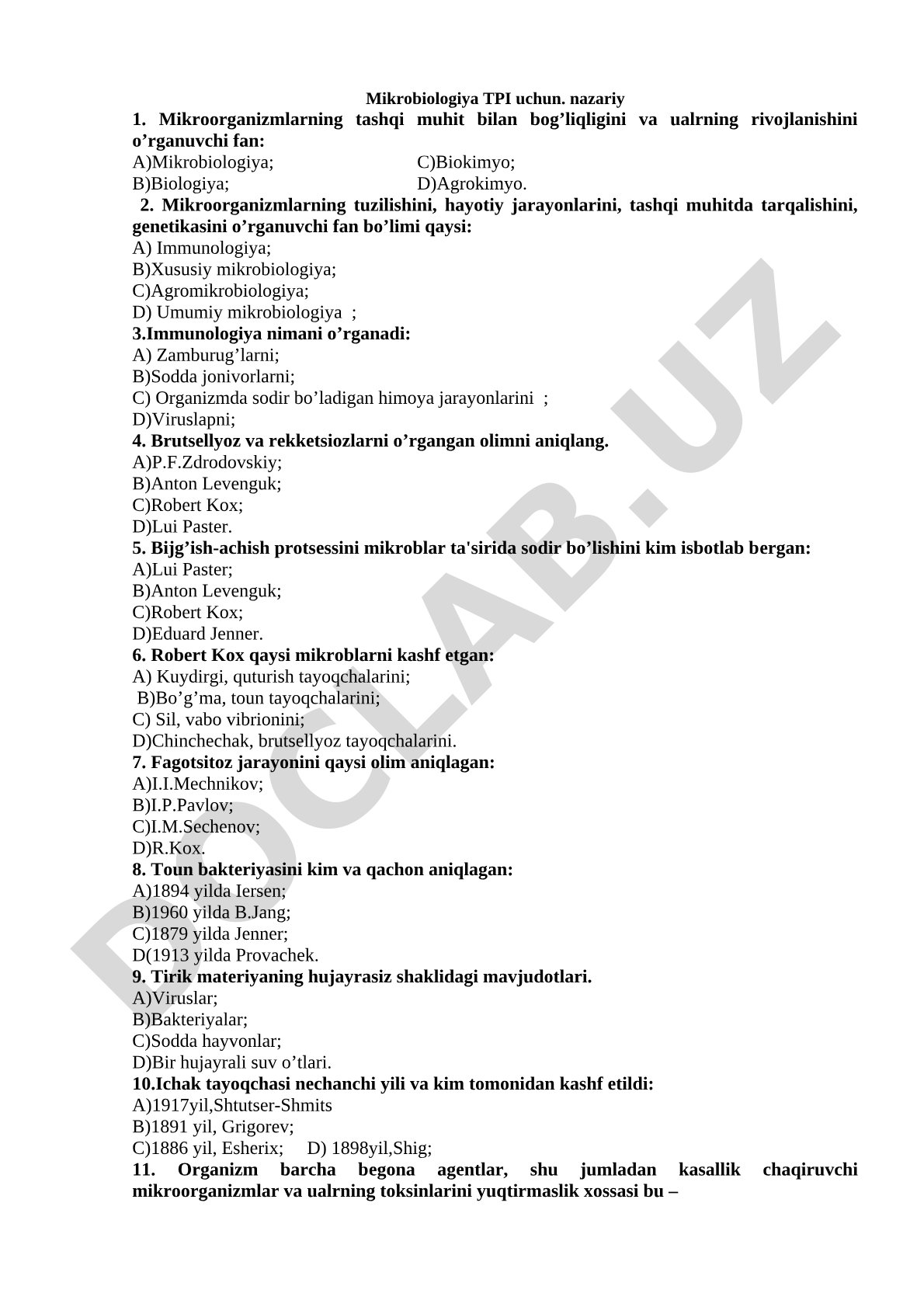 Mikrobiologiya fanidan nazariy test savollari keltirilgan