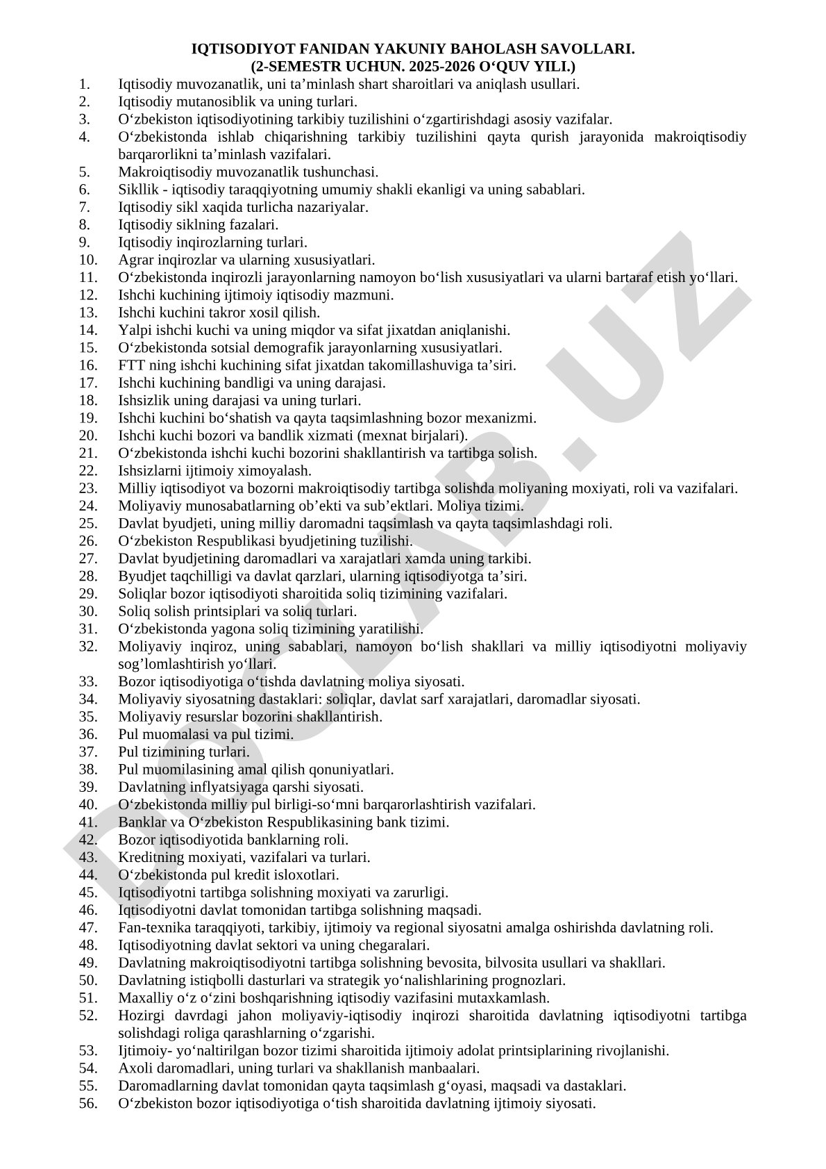 Iqtisodiyot fanidan yakuniy baholash savollari (2-semestr)