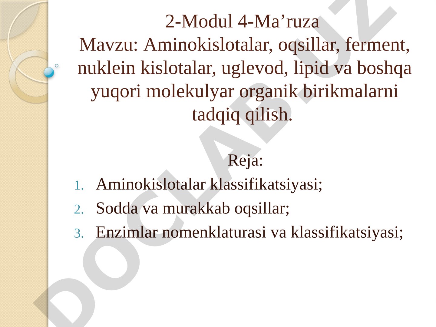 Aminokislotalar, oqsillar, ferment, nuklein kislotalar, uglevod, lipid va boshqa yuqori molekulyar organik birikmalarni tadqiq qilish