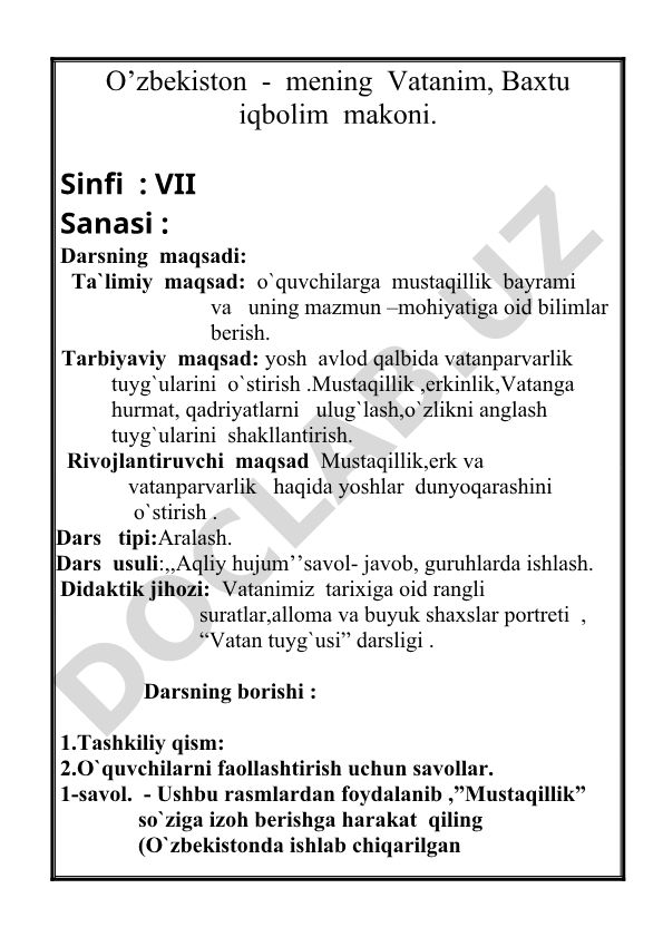 Mustaqillik bayrami va vatanparvarlik tuyg'ularini o'stirish