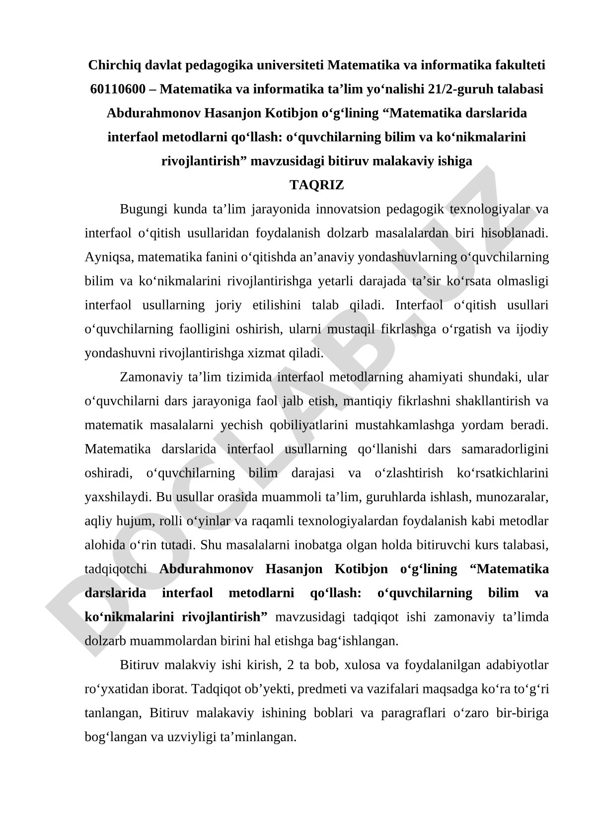 Matematika darslarida interfaol metodlarni qo'llash: o'quvchilarning bilim va ko'nikmalarini rivojlantirish