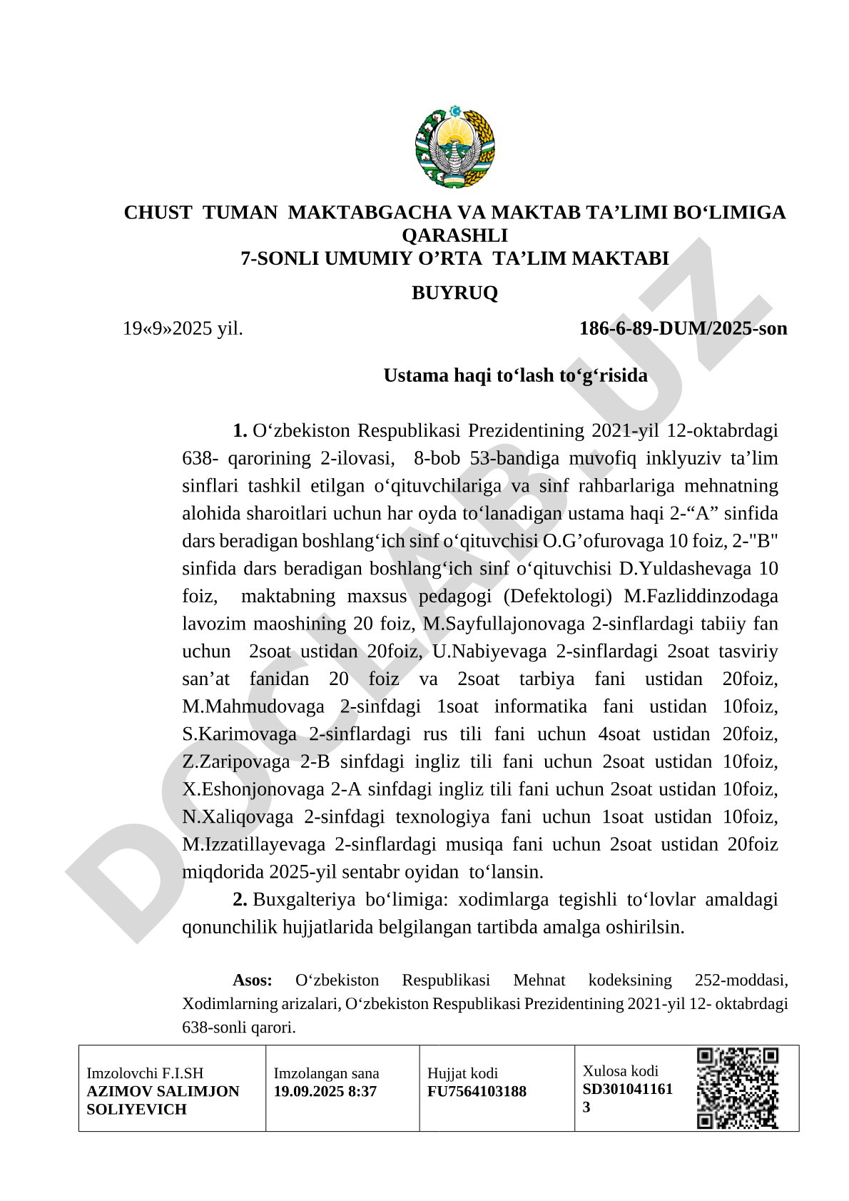 Inklyuziv ta'lim sinflari o'qituvchilariga ustama haqi to'lash