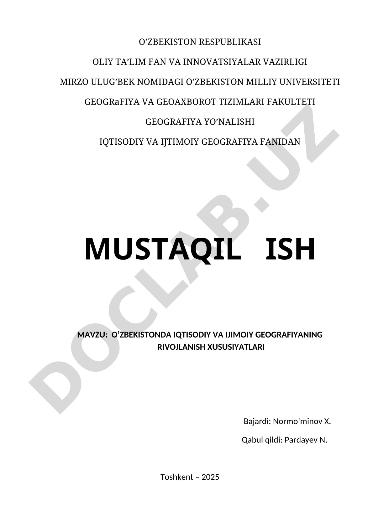 O'zbekistonda iqtisodiy va ijtimoiy geografiyaning rivojlanish xususiyatlari
