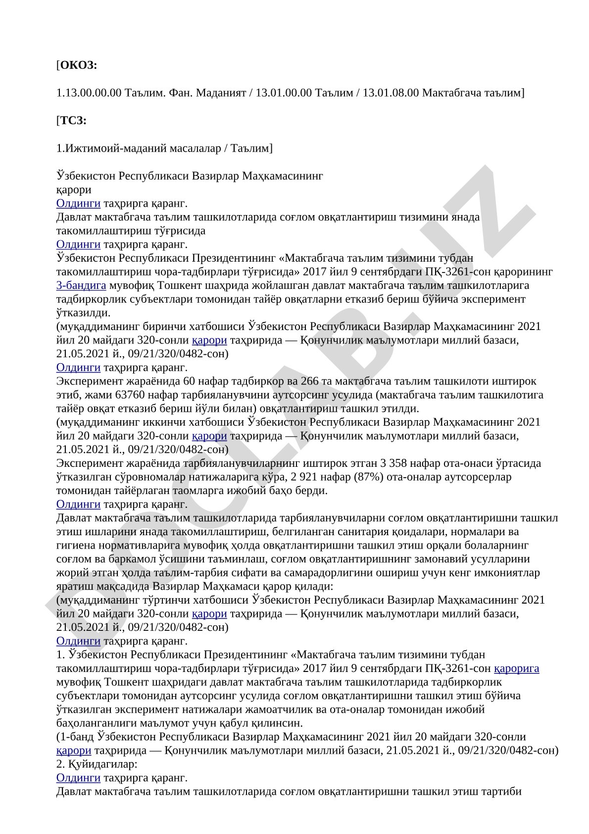 Давлат мактабгача таълим ташкилотларида соғлом овқатлантириш тизимини такомиллаштириш тўғрисида