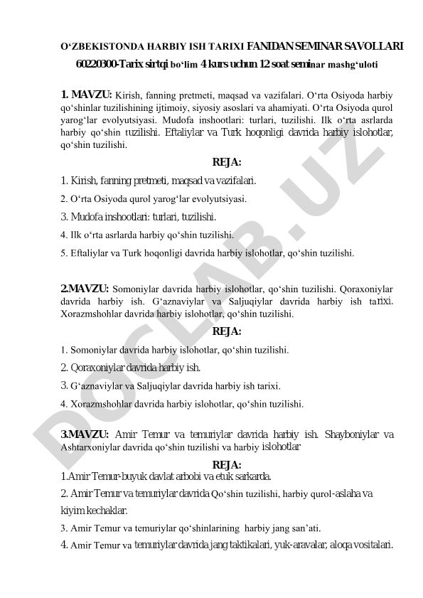 O‘zbekistonda harbiy ish tarixi fanidan seminar savollari