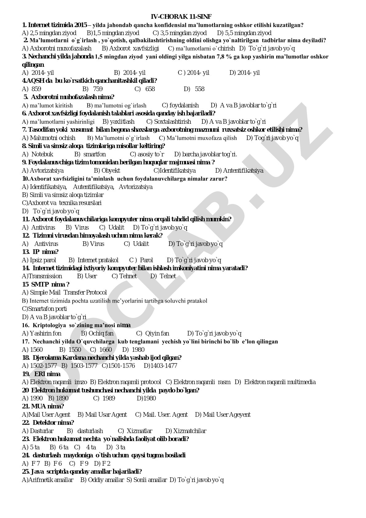 11-sinf informatika IV chorak axborot xavfsizligi test