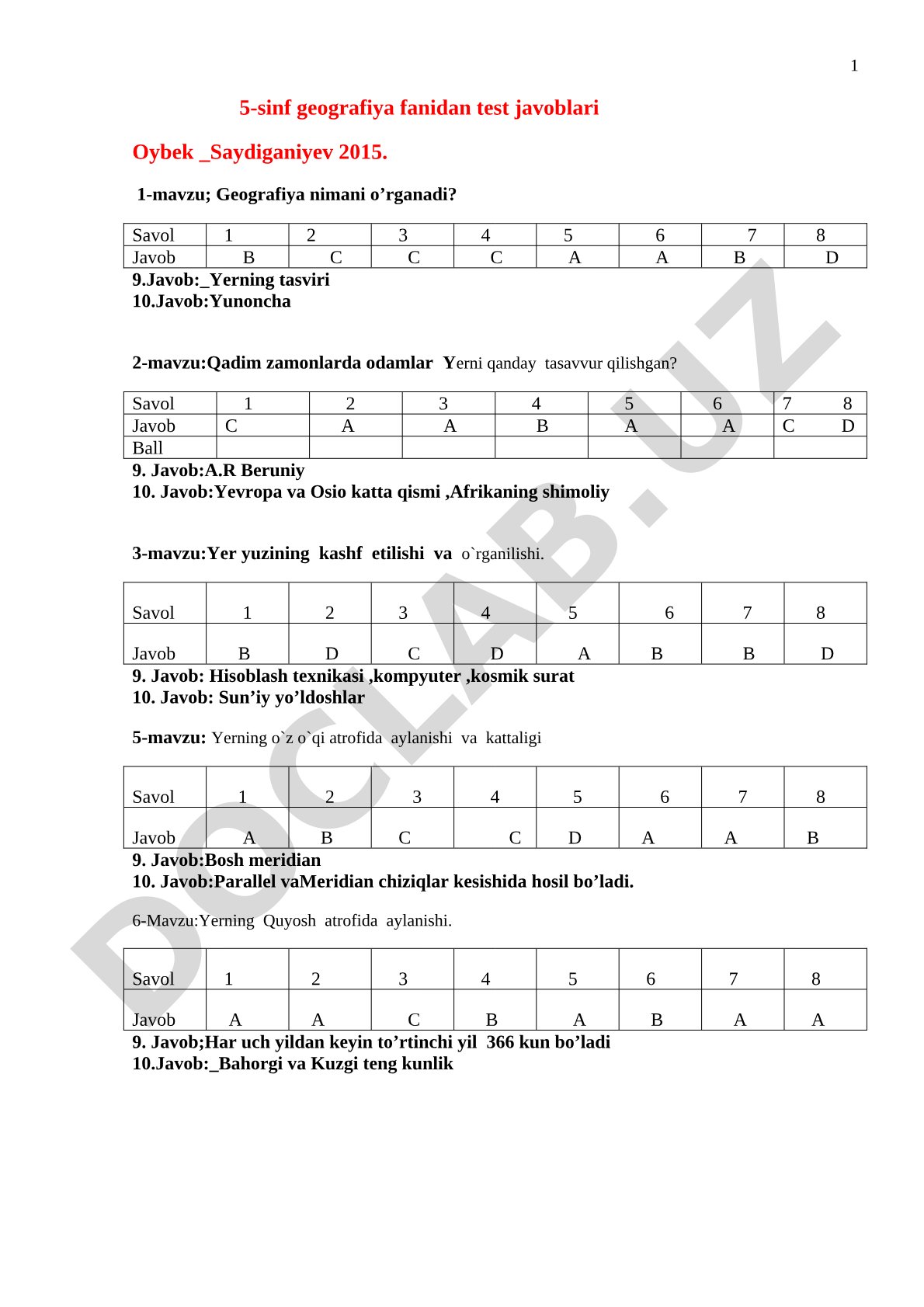 5-sinf geografiya fanidan test javoblari