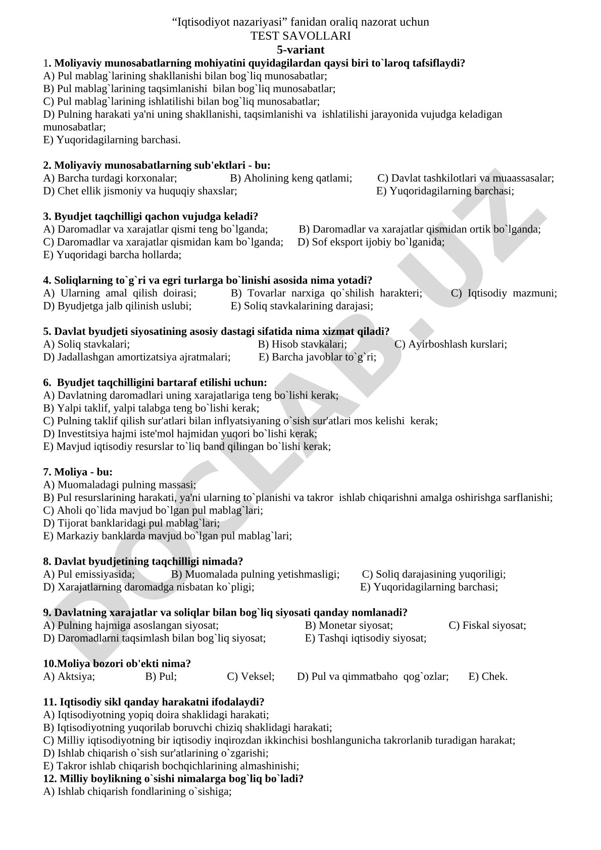 Iqtisodiyot nazariyasi fanidan oraliq nazorat test savollari